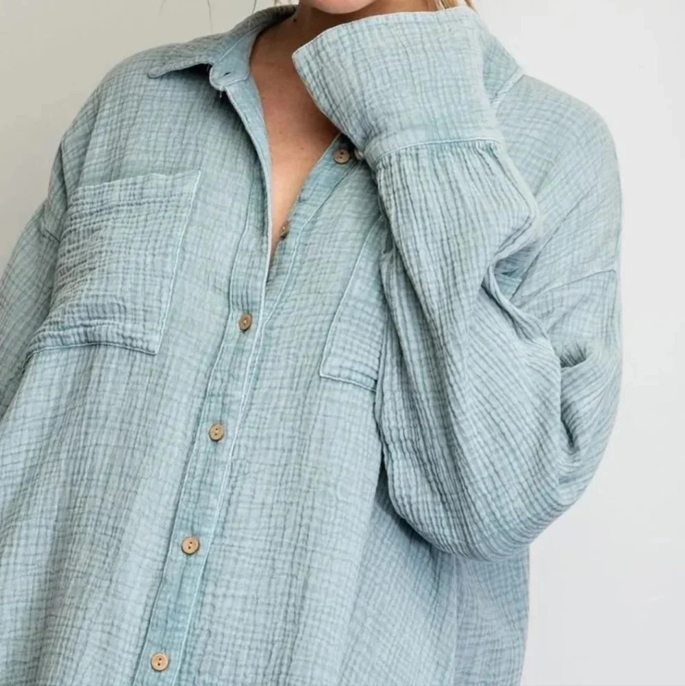 New! Easel Mineral Washed Relaxed Fit Blue Shirt Dress - Picture 6 of 7